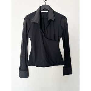 Anne Fontaine Sabine Black Wrap Top Sheer Mesh Long Sleeve Blouse Size 42